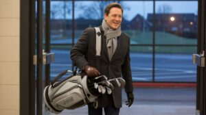 Golfer arrives with clubs for heated indoor golf in Beachwood on a cold winter evening.